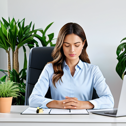 Peaceful Workspace**

"A professional woman fully clothed in modest business attire, practicing mindfulness meditation at her organized desk in a bright and airy home office, surrounded by plants. Safe for work, appropriate content, perfect anatomy, natural pose, professional, high quality."

**