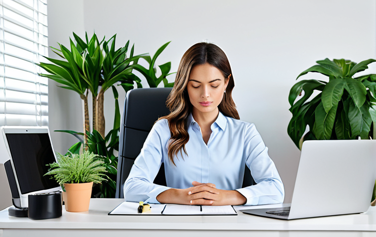 Peaceful Workspace**
"A professional woman fully clothed in modest business attire, practicing mindfulness meditation at her organized desk in a bright and airy home office, surrounded by plants. Safe for work, appropriate content, perfect anatomy, natural pose, professional, high quality."
**