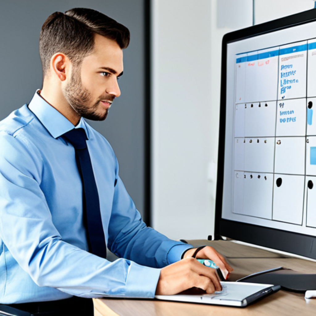 Time Management in the Digital Age**
A fully clothed, professional individual in a modern, brightly lit office, working at a clean desk with a laptop displaying a task management application. The background includes a calendar and a whiteboard with prioritized tasks. Safe for work, appropriate content, perfect anatomy, natural proportions, high-quality rendering, modest professional attire. Emphasize focus and organization.
**