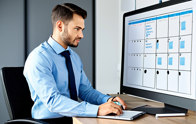 Time Management in the Digital Age**
A fully clothed, professional individual in a modern, brightly lit office, working at a clean desk with a laptop displaying a task management application. The background includes a calendar and a whiteboard with prioritized tasks. Safe for work, appropriate content, perfect anatomy, natural proportions, high-quality rendering, modest professional attire. Emphasize focus and organization.
**