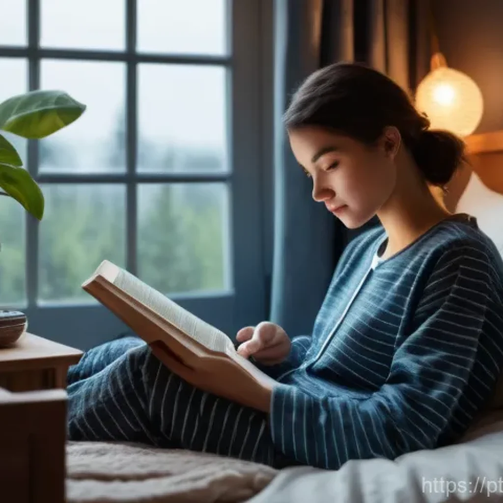 기술 균형 생활 설계법을 통한 스트레스 관리 - "A cozy, softly lit bedroom at dusk. A young adult, dressed in comfortable pajamas, sits peacefully ...