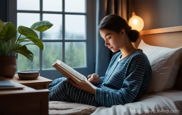 기술 균형 생활 설계법을 통한 스트레스 관리 - "A cozy, softly lit bedroom at dusk. A young adult, dressed in comfortable pajamas, sits peacefully ...