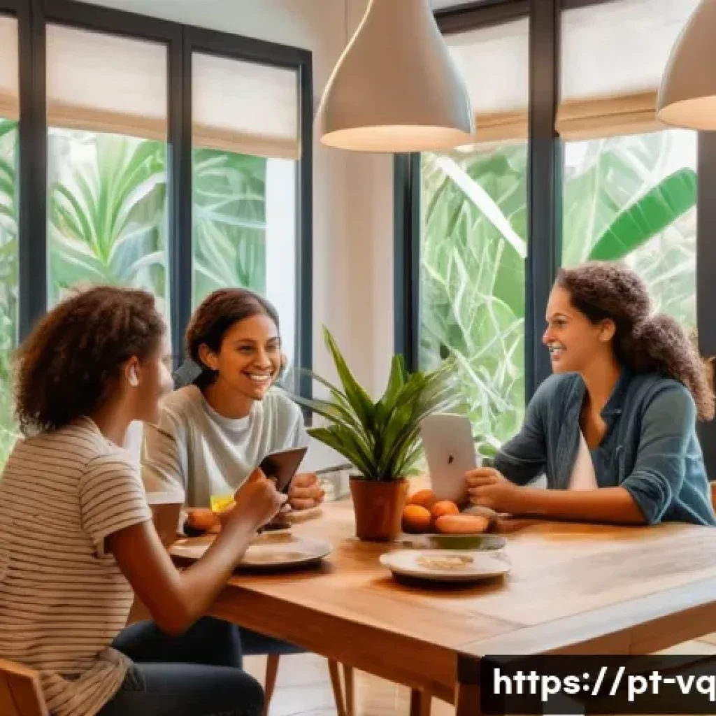 기술 균형 생활 설계법의 효과적인 활용법 - A cozy modern dining room scene set in a Brazilian home, with a family of four gathered around a woo...