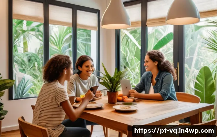 기술 균형 생활 설계법의 효과적인 활용법 - A cozy modern dining room scene set in a Brazilian home, with a family of four gathered around a woo...
