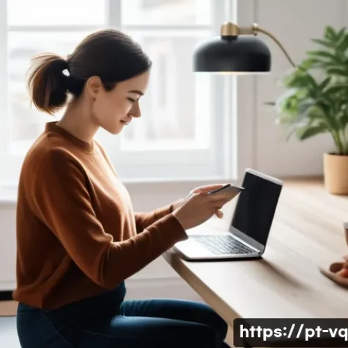 Home 33 기술 균형 생활 설계법을 위한 사례 연구 - A cozy modern home office scene showing a young adult woman practicing digital wellness: she sits at...