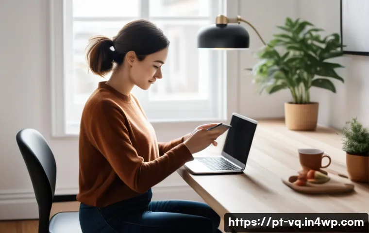 기술 균형 생활 설계법을 위한 사례 연구 - A cozy modern home office scene showing a young adult woman practicing digital wellness: she sits at...