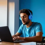Home 23 기술 균형 생활 설계법의 위험 요소 - A modern Brazilian home office scene featuring a young adult working remotely with multiple digital ...