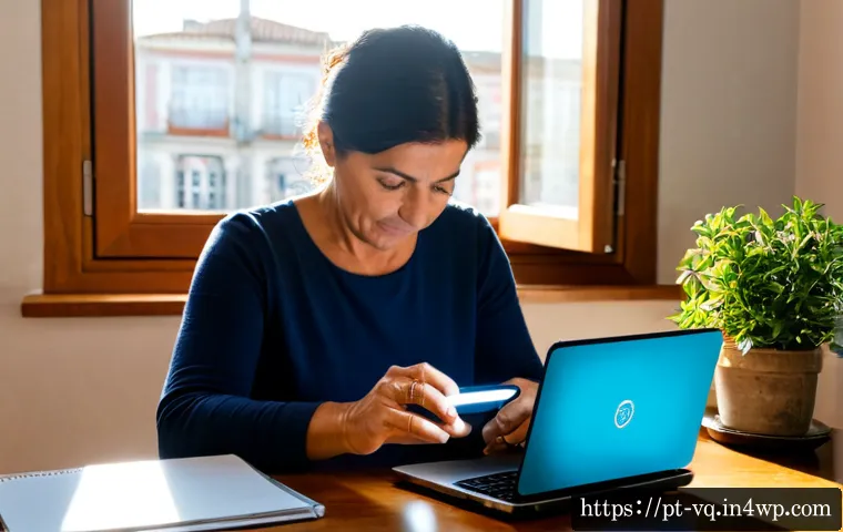 Home 17 기술 균형 생활 설계법과 사회적 책임 - Photorealistic modern home office in Portugal, a middle-aged Portuguese woman calmly balancing techn...